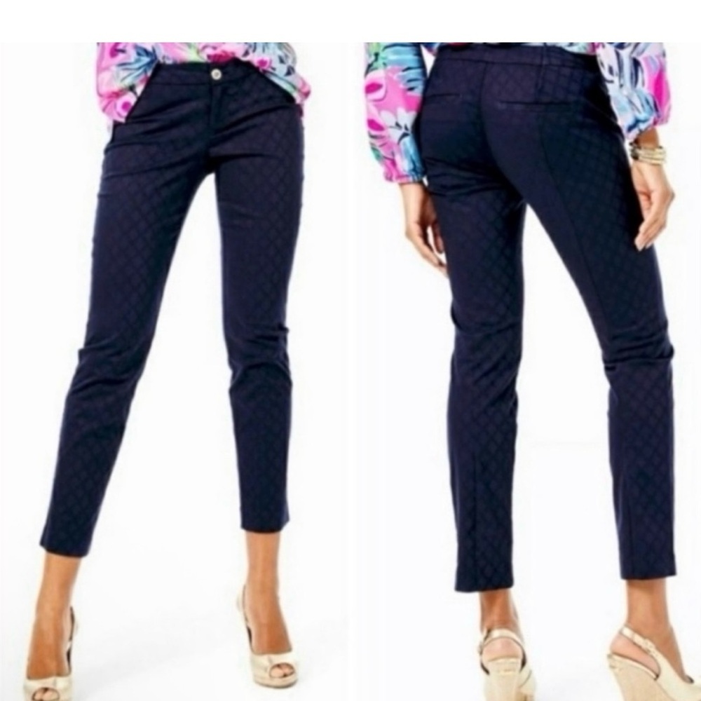 New LILLY PULITZER Kelly Textured Ankle Pant Sz 4 Midnight Navy Blue Skinny - Picture 1 of 4